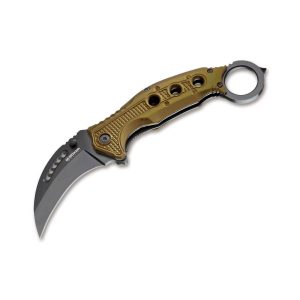 Нож Boker Magnum Black Scorpion с острие от стомана 440A и алуминиева дръжка с черно покритие. Тактически сгъваем нож с Tanto форма, съчетаващ стил и надеждност.
